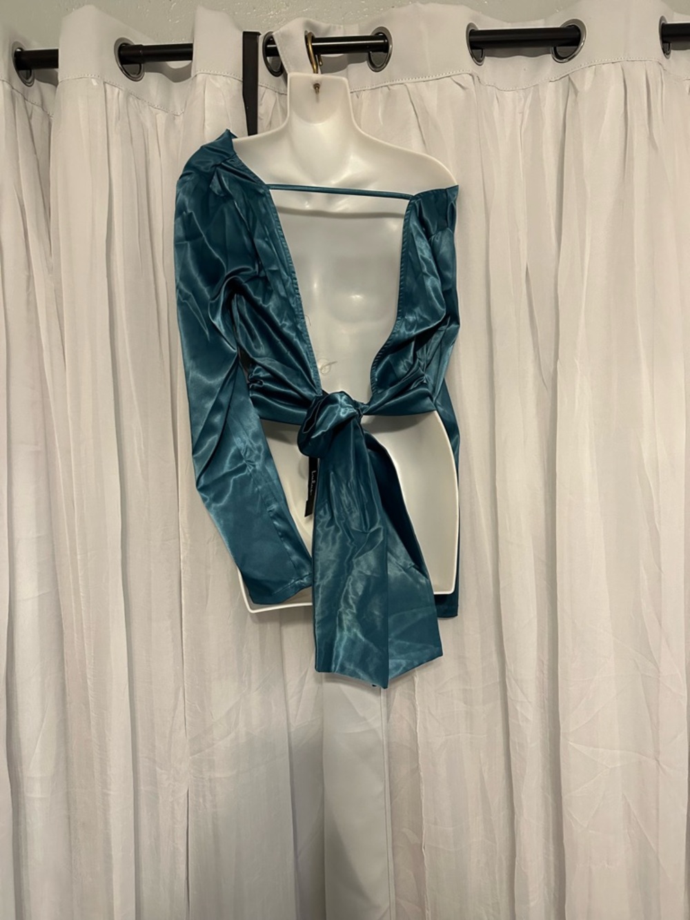 Lulu's Satin Blouse in Deep Teal with Long Sleeves and Open Back and Bow Tie - Picture 3 of 12